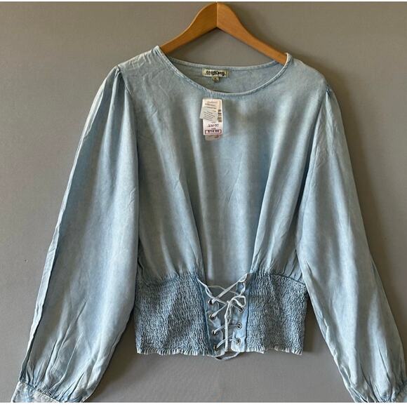 Corseted/Lace up Hem Faux Denim Shirt- Size XL - Picture 2 of 6